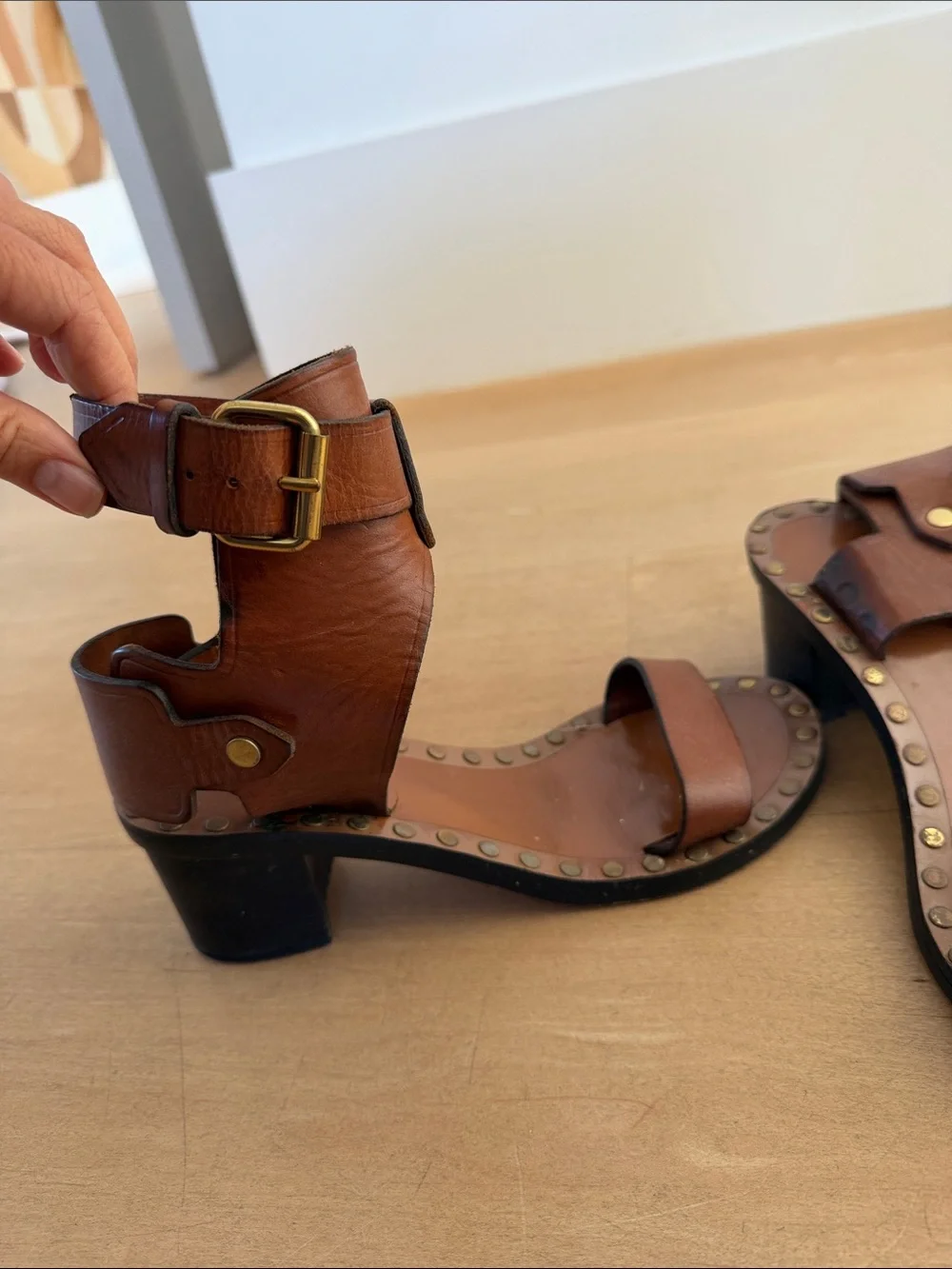 Isabel Marant Brown Leather Studded High-Heel Sandals with Ankle Buckle 38